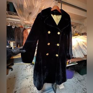 Elegant Black Faux Fur Coat with Gold Buttons
